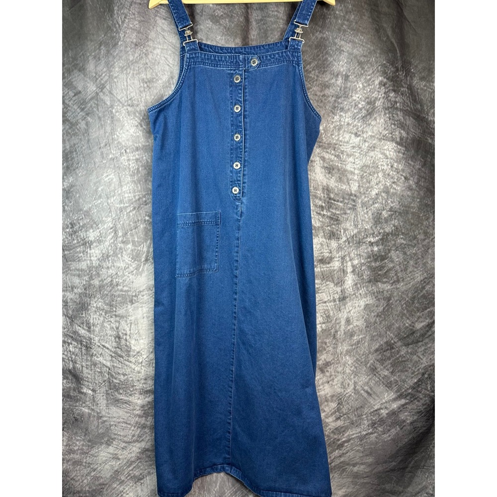 Vintage Denim Overall Pinafore Dress Women XL Maxi Blue Cotton Lyocell - Picture 2 of 11
